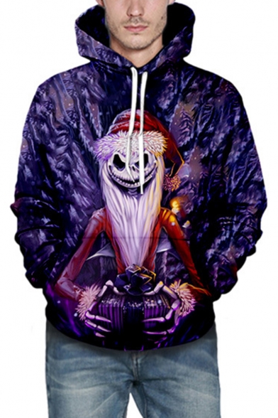 Halloween Purple Christmas Night Skull 3D Printed Drawstring Hooded Long Sleeve Loose Hoodie