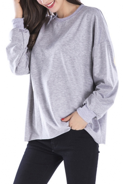 HAVE A NICE DAY Letter Happy Face Printed Round Neck Gray Long Sleeve Loose Sweatshirt