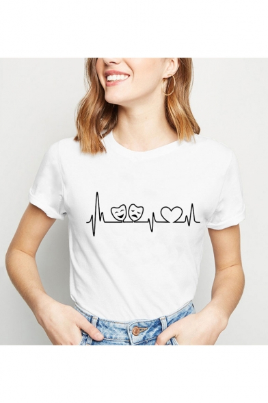 Heartbeat Printed Round Neck Short Sleeve Casual Loose White Tee