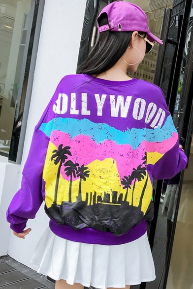 HOLLYWOOD Letter Coconut Tree Printed Round Neck Long Sleeve Loose Pullover Sweatshirt