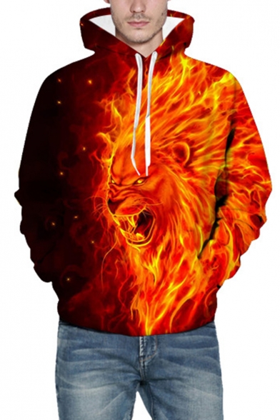 Hot Fashion Orange Flame Lion King 3D Printed Long Sleeve Casual Loose Pullover Hoodie