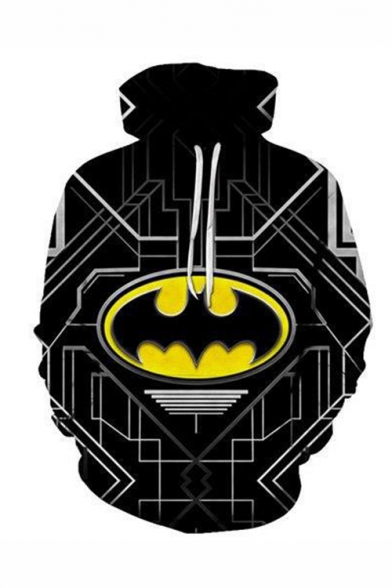 Hot Popular Bat Geometric 3D Printed Black Relaxed Fit Long Sleeve Drawstring Pullover Hoodie