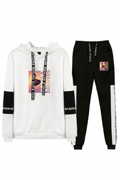 Hot Popular Figure Printed Letter Drawstring Hoodie with Loose Sweatpants Two-Piece Set
