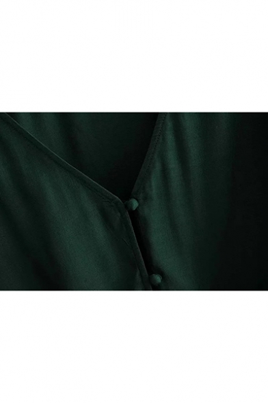 Solid Color V Neck Drawstring Waist Dark Green Cropped Coat