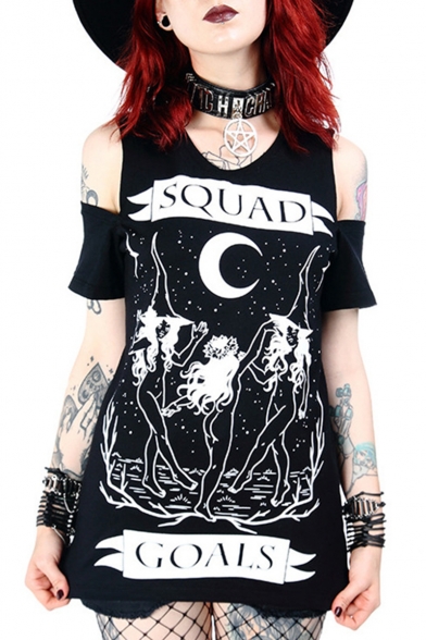 Hot Trendy Letter SQUAD Gothic Cartoon Printed Cutout Short Sleeve Casual Longline Tee