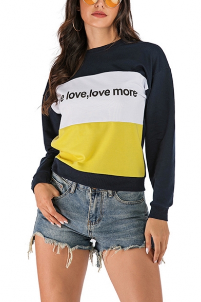 Hot Women's More Love Love More Letter Print Round Neck Long Sleeve Color Block Pullover Sweatshirt