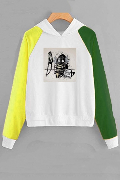 I'M HUNGRY PLEASE Letter Bee Printed Color Block Long Sleeve Hoodie