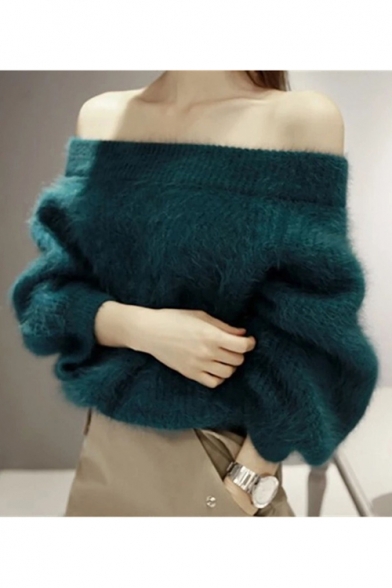 Ladies New Plain Off the Shoulder Bloomer Sleeve Artificial Mink Velvet Sweater