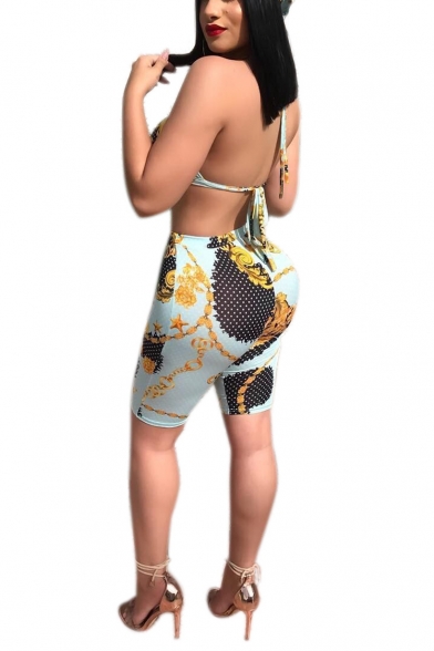 Ladies Sexy Chains Print Halter V Neck Crop Cami with High-Waist Slim Bermuda Shorts Two-Piece Set