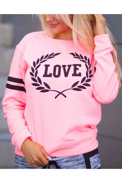 Letter LOVE Printed Round Neck Striped Long Sleeve Pullover Sweatshirt