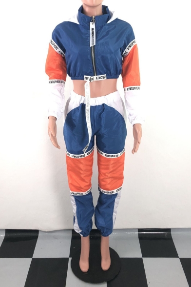 Long Sleeve Zip Front Hooded Coat with Elastic Waist Pants Colorblock Patch Sport Two Piece Set