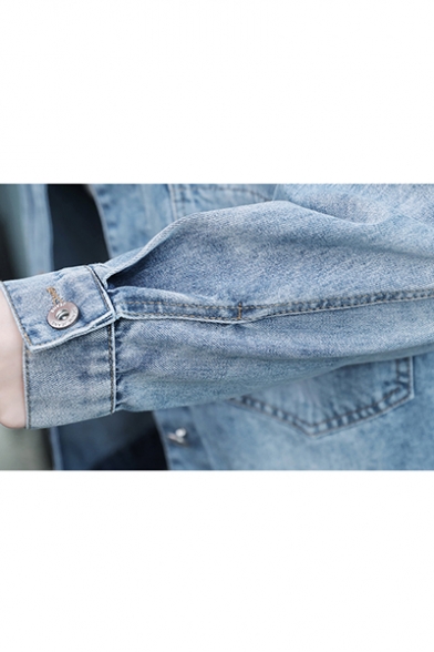 Loose ROMORU Letter Print Button Closure Denim Jeans Pocket Coat Outwear