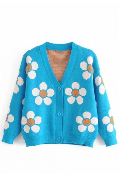 Lovely Blue Floral Print V Neck Fitted Long Sleeve Cardigan for Women