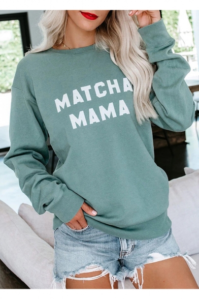 MATCHA MAMA Letter Round Neck Long Sleeve Green Relaxed Sweatshirt