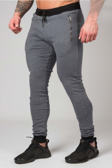 Men's Basic Fashion Solid Color Zipped Pocket Drawstring Waist Skinny Cotton Muscle Pencil Pants