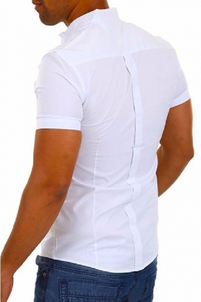 Men's Basic Simple Plain Button-Up Short Sleeve Layered Casual Shirt