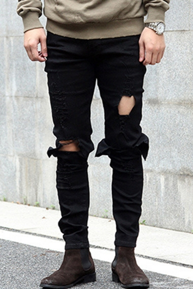 Men's Hot Fashion Solid Color Knee Cut Black Frayed Ripped Biker Jeans with Holes