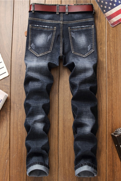 Men's New Fashion Cool Tiger Floral Embroidery Pattern Dark Grey Denim Washed Stretched Slim Fit Jeans