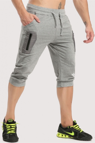 Men's New Fashion Logo Printed Zippered Pocket Side Drawstring Waist Cropped Sports Cotton Sweatpants