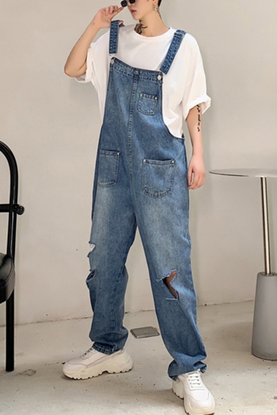 Men's New Fashion Simple Plain Cool Knee Cut Loose Fit Denim Blue Ripped Jeans Multi-pocket Bib Overalls
