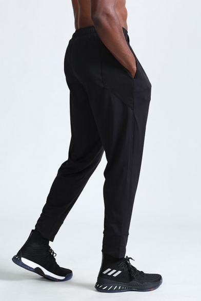 Men's New Fashion Simple Plain Drawstring Waist Casual Loose Fit Black Fitness Sweatpants