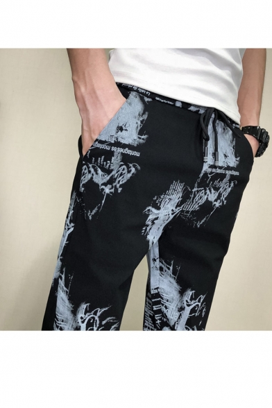 Men's New Stylish Printed Drawstring Waist Black Cotton Casual Pencil Pants