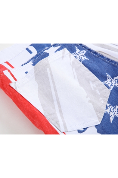 Men's Popular Fashion American Flag Printed White Casual Slim Jeans