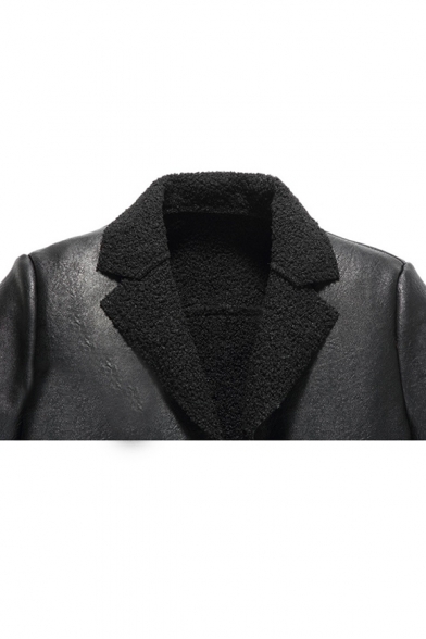 Men's Winter New Stylish Simple Plain Notched Lapel Collar Long Sleeve Black Leather Coat
