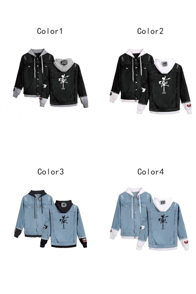 Mens Hot Fashion Comic Ripped Buttons Down Long Sleeve Hooded Denim Jacket Coat