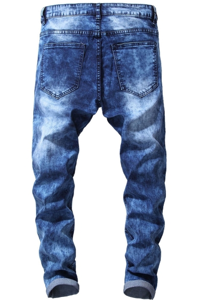 Mens Hot Fashion Knee Pleated Patched Blue Frayed Ripped Biker Jeans