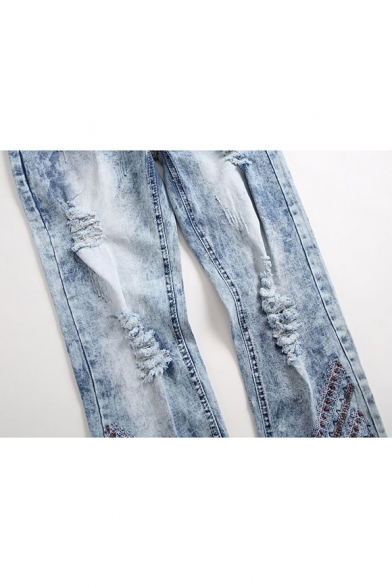 Mens New Fashion Striped Embroidered Design Light Washed Frayed Ripped Jeans
