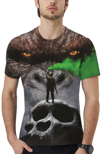 Mens Short Sleeve Round Neck King Kong Skull Printed Fitted Tee