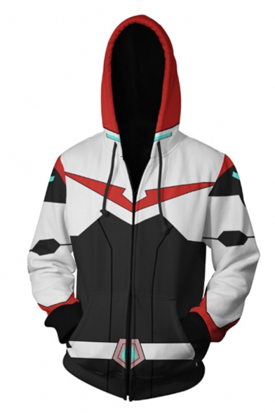 3D Printed Long Sleeve Black and White Loose Fitted Zip Up Drawstring Hoodie