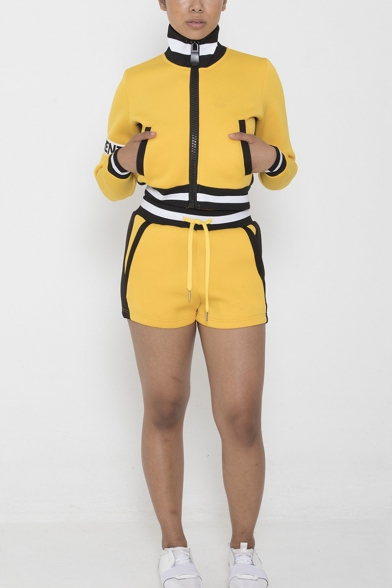 New Arrival Athletic Style Plain Front Zipper High Neck Long Sleeve Tops with Drawstring Shorts Two Piece Set