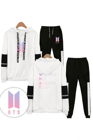 New Arrival Letters WONDER HER ANSWER TEAR Print Long Sleeve Hoodie with Elastic Sweatpants Two Piece Set
