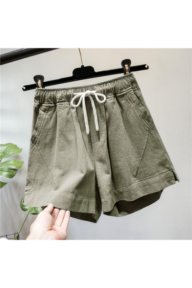 New Arrival Vintage Simple Color Drawstring Waist Slit Side Flap Pocket Loose Cotton Linen Shorts