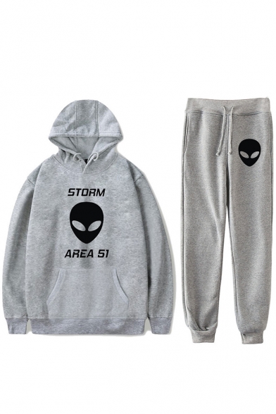 New Fashion Funny Storm Area Alien Printed Long Sleeve Hoodie with Joggers Sport Two-Piece Set