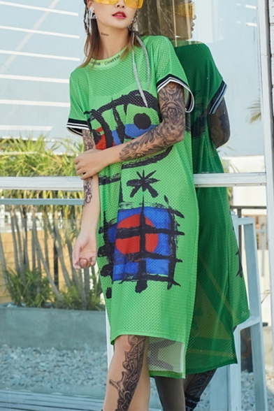 New Fashion Round Neck Short Sleeve Graffiti Print Letter High Low Green Shift T-Shirt Dress