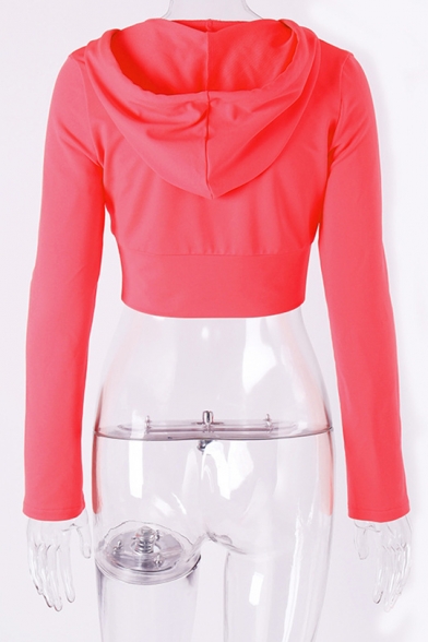 New Fashion Simple Basic Plain Long Sleeve Pink Zip Up Cropped Hoodie