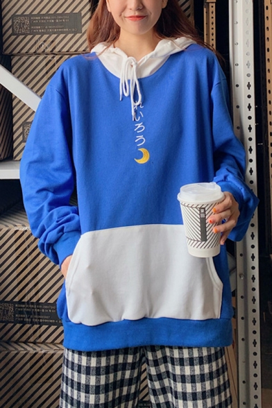 New Popular Letter Moon Pattern Embroidered Color Block Long Sleeve Drawstring Loose Pullover Hoodie With Pocket