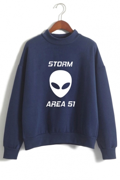New Stylish Alien Letter Storm Area Printed Mock Neck Long Sleeve Casual Loose Sweatshirt