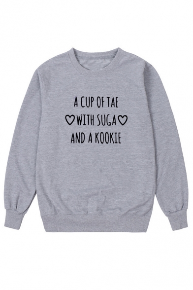 New Stylish Letter A CUP OF TEA Heart Letter Print Round Neck Long Sleeve Pullover Sweatshirt