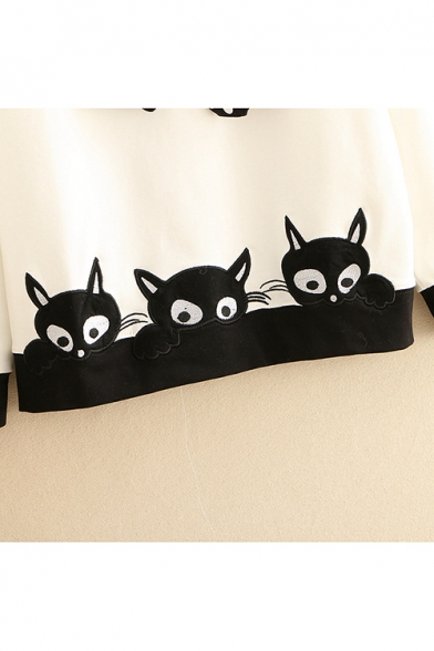 New Trendy Color Block Embroidered Cute Cat Ears Hooded Sweatshirt