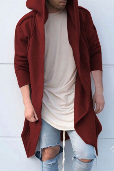 New Trendy Plain Long Sleeve Hooded Open Front Long Jacket Coats for Men