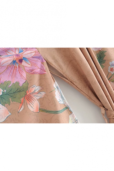 Peacock Printed Short Sleeve Tied Waist Side Split Khaki Longline Kimono Coat