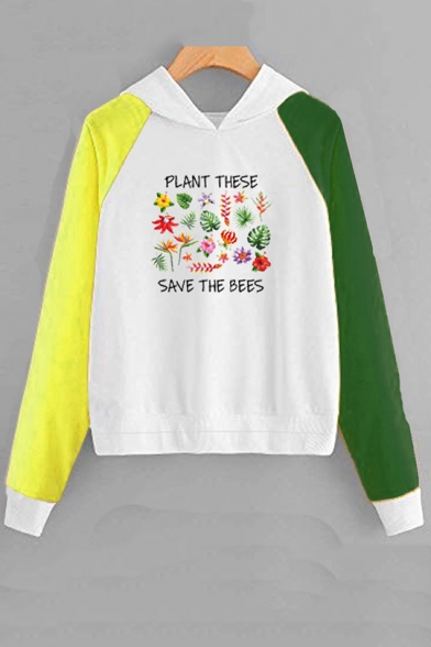 PLANT THESE SAVE THE BEES Letter Plant Printed Long Sleeve Color Block Pullover Hoodie