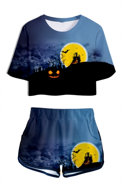 Popular Funny Halloween Theme 3D Print Patterns Short Sleeve Cropped T-Shirt with Dolphins Shorts Two Piece Set