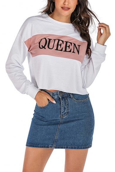 QUEEN Letter Printed Color Block Round Neck Long Sleeve White Cropped Pullover Sweatshirt