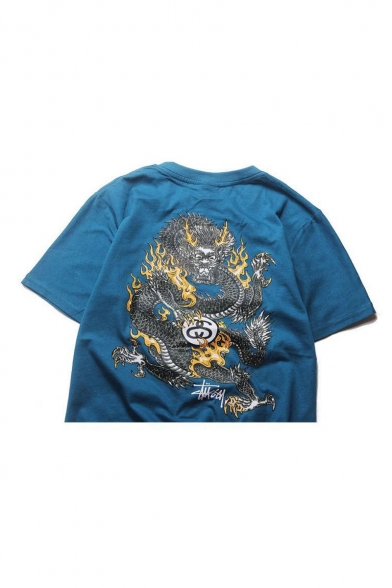 Round Neck Short Sleeve Dragon Printed Mens Cool Street Style T Shirt