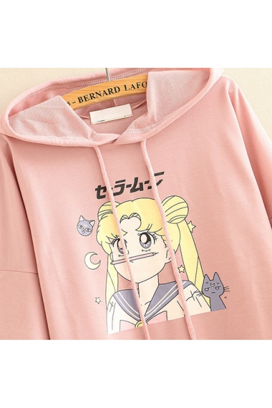 Sailor Moon Comic Girl Printed Layered Patch Long Sleeve Fitted Drawstring Hoodie